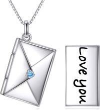 wholesale 925 Sterling Silver Love Letter Envelope Heart Lockets for Women Girls Gifts 43cm Chain Length - Blue Crystal Charm Necklaces with Message Plate (Love You)-Letter