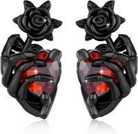 wholesale 925 Sterling Silver Black Rose and Red Heart Stud Earrings Gothic Style for Women Halloween Accessories-A-Red Skull