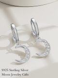 wholesale 925 Sterling Silver Crescent Moon CZ Drop Hoop Earrings for Women Girls  4cm Long-0-4