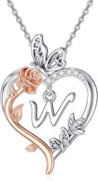 wholesale Sterling Silver Rose Heart Butterfly Initial Necklace for Women Anniversary Mother s Day Birthday Gift for Her Wife Girlfriend Mom-W Initial