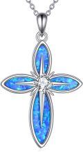 wholesale 925 Sterling Silver Blue Fire Opal Cross Pendant Necklace for Women and Men Christian Gifts-0-0