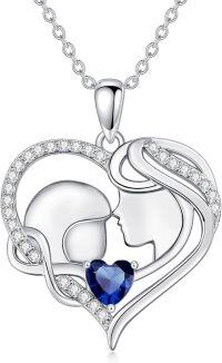 wholesale 925 Sterling Silver Birthstone Mother Love Heart Pendant Necklace-silver-9 Sept-Simulated Sapphire