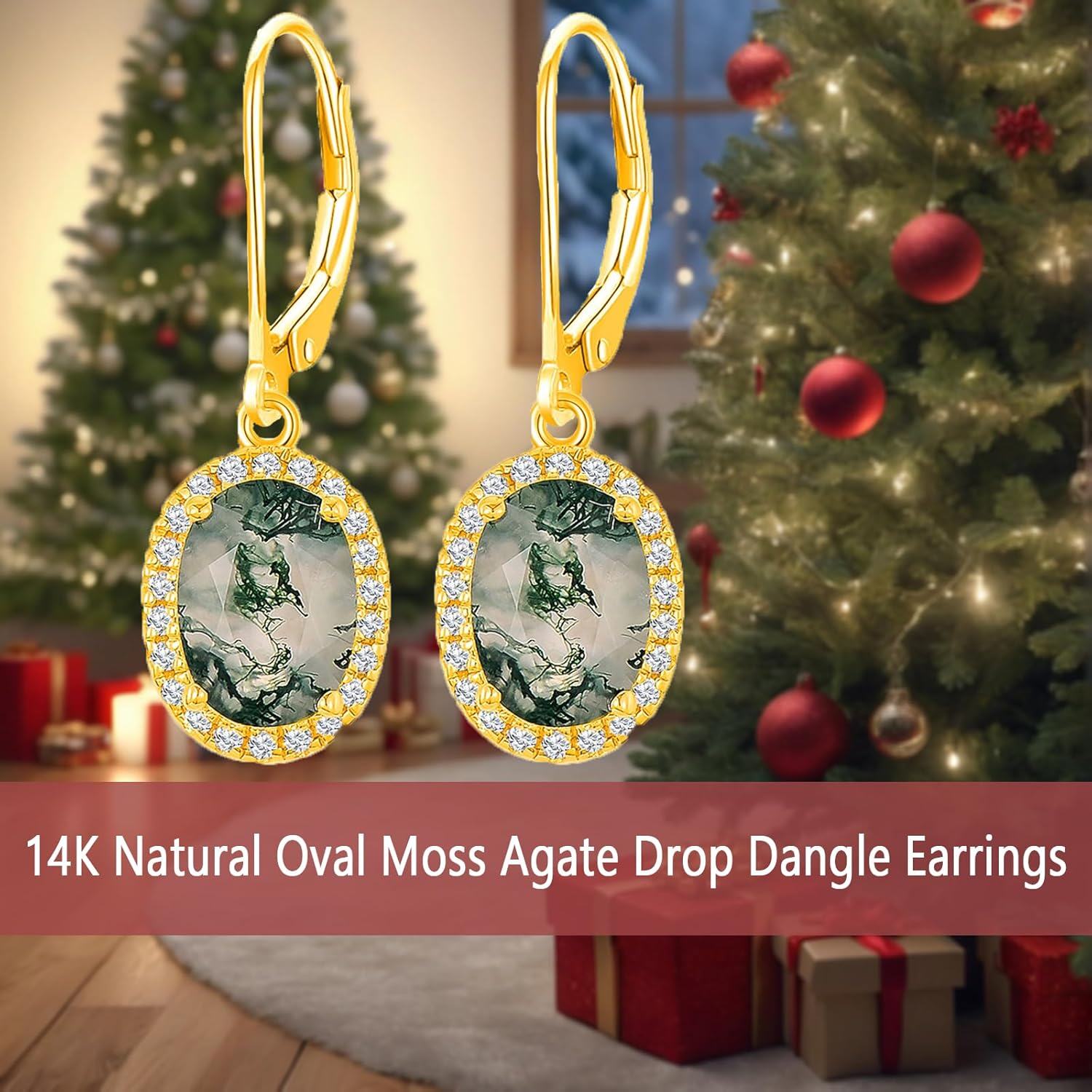 14K Gold Moss Agate Moissanite Leverback Drop Dangle Earrings for Women-0-2