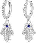 wholesale 925 Sterling Silver Evil Eye Hamsa Hand Dangle Drop Earrings with Cubic Zirconia and Sapphire Stone for Women Fatima Protection -0-0