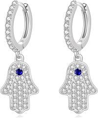 wholesale 925 Sterling Silver Evil Eye Hamsa Hand Dangle Drop Earrings with Cubic Zirconia and Sapphire Stone for Women Fatima Protection -hamsa hoop earrings