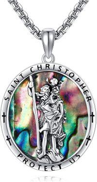 wholesale 925 Sterling Silver Saint Christopher Protect Us Pendant with Abalone Shell and Crosses on 34 Chain-St Christopher Necklace