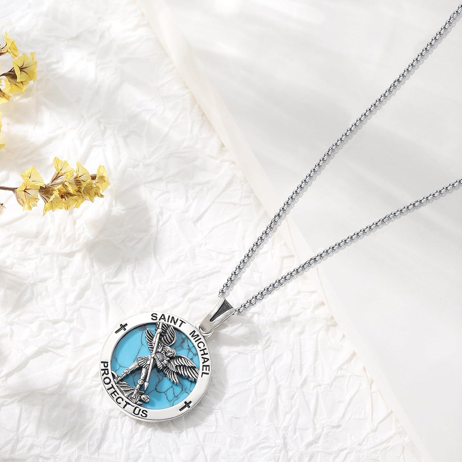 wholesale 925 Sterling Silver Turquoise Saint Michael Protect Us Medal Necklace for Men & Women-0-1