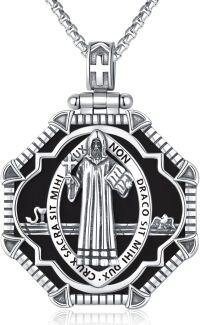 wholesale 925 Sterling Silver St Benedict Medal Cross Pendant Necklace for Men Women Catholic Faith Protection s 36 Chain Black Enamel Shield Design with Crucifix and Holy Prayer Inscription-C-01 St Benedict
