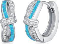 wholesale 925 Sterling Silver Blue Opal & Cubic Zirconia Huggie Hoop Earrings Gift for Her Him-Silver-Blue Opal