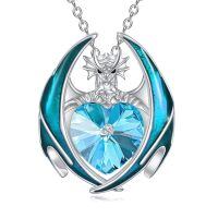 wholesale 925 Sterling Silver Crystal Dragon Necklace with Heart Birthstone Pendant-03-Mar