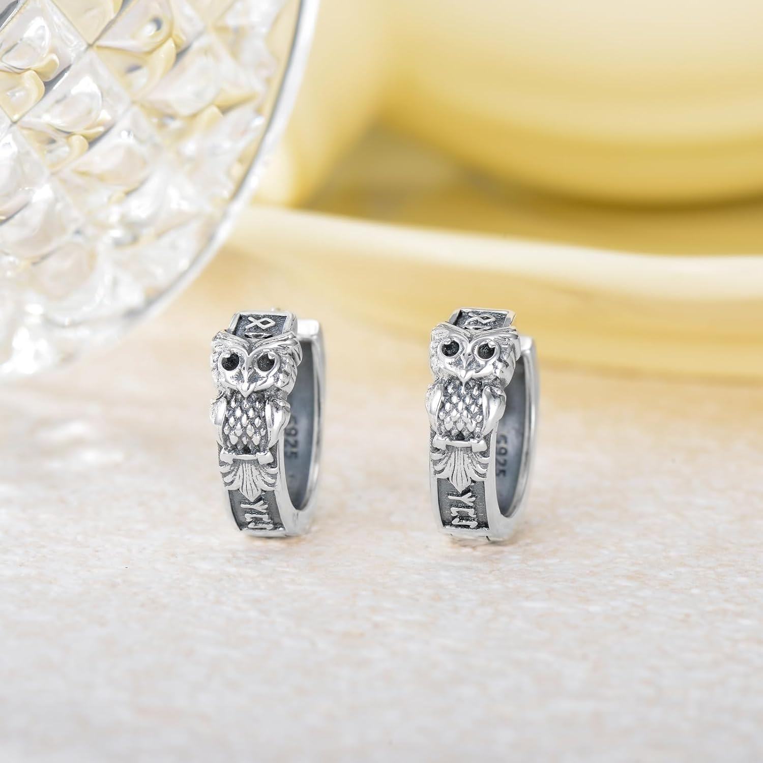 wholesale 925 Sterling Silver Owl Hoop Earrings with Norse Symbol and Evil Eye Protection-0-1