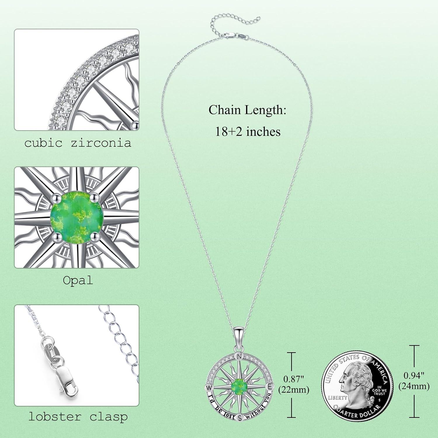 925 Sterling Silver Green Opal Compass Necklace I'd be lost without you Pendant Gift for Women-0-2
