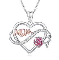 wholesale 925 Sterling Silver Mom Infinity Heart Necklace With Pink Rose-Mom and Rose Necklace