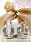 wholesale 925 Sterling Silver Bali Boho Striped Beaded Huggie Hoop Earrings for Women-0-2