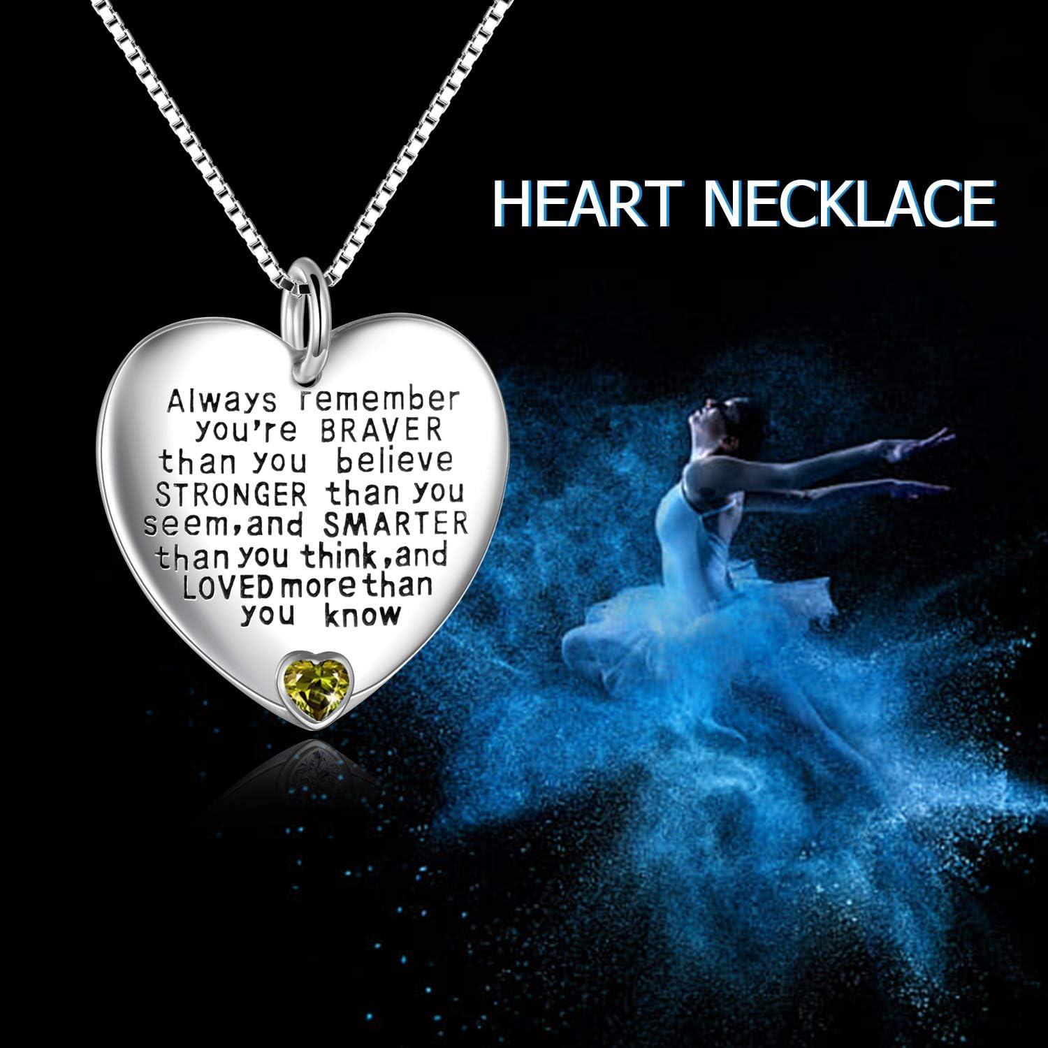 925 Sterling Silver Heart-Shaped Pendant Necklace with Peridot Gemstone - Always Remember You're Braver Than You Believe Inspirational Jewelry for Women Girls-0-4