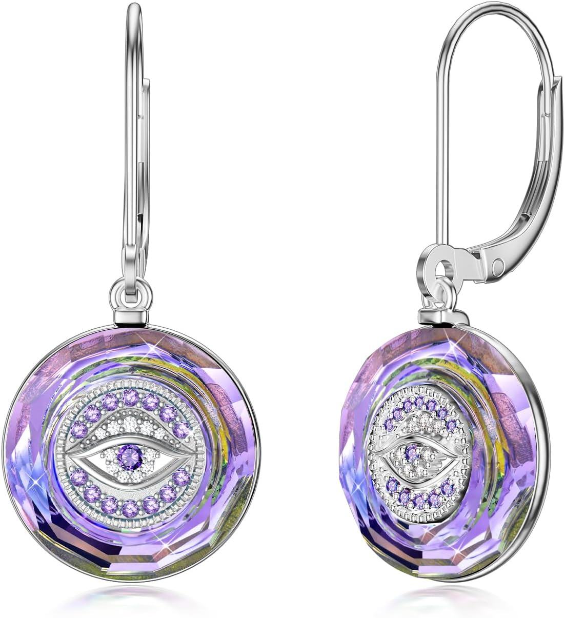 wholesale 925 Sterling Silver Purple Crystal Evil Eye Leverback Drop Dangle Earrings for Women-0-0