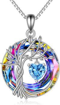 wholesale Sterling Silver Crystal Tree of Life Necklace for Women Birthstone Pendant-12-Dec-Blue Topaz