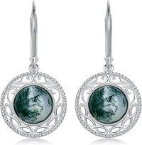 wholesale 925 Sterling Silver Round Green Moss Agate Bohemian Filigree Drop Dangle Hook Earrings Gift for Her-style 8