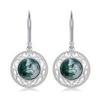 wholesale 925 Sterling Silver Round Green Moss Agate Bohemian Filigree Drop Dangle Hook Earrings Gift for Her-style 8