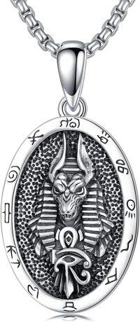 wholesale 925 Sterling Silver Egyptian God Anubis Pendant with Hieroglyphics and Eye of Horus Charm on Beaded Chain for Men & Women-Anubis