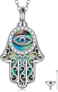 wholesale  925 Sterling Silver with Simulated Abalone Shell Hamsa Hand Evil Eye Urn Necklace for Ashes Perfume Essential Oil Sand, Adjustable Chain, Gift Box-Abalone Shell Urn