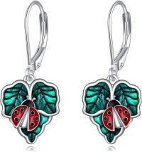 wholesale 925 Sterling Silver Green Leaves & Red Ladybugs Drop Earrings Gift for Her-Ladybug