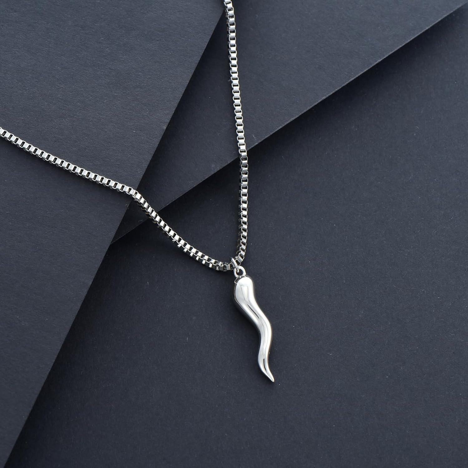 Sterling Silver Italian Horn Necklace for Men Women Lucky Cornicello Charm Pendant with Chain Italy Jewelry Gift-0-5