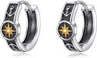 wholesale 925 Sterling Silver Star Anchor Huggie Hoop Earrings for Women and Men - Vintage Gothic Punk Style  48mm Diameter-Compass
