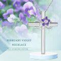 wholesale 925 Sterling Silver Purple Enamel Flower Cross Pendant Necklaces with Pink Crystal Birthstone Gifts for Women-0-3