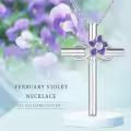 wholesale 925 Sterling Silver Purple Enamel Flower Cross Pendant Necklaces with Pink Crystal Birthstone Gifts for Women-0-3
