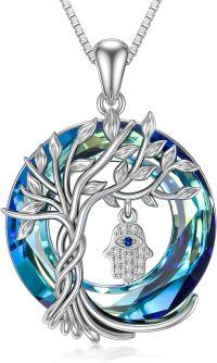 wholesale 925 Sterling Silver Blue Crystal Tree of Life Hamsa Hand Evil Eye Pendant Necklace-Hamsa-Blue Crystal