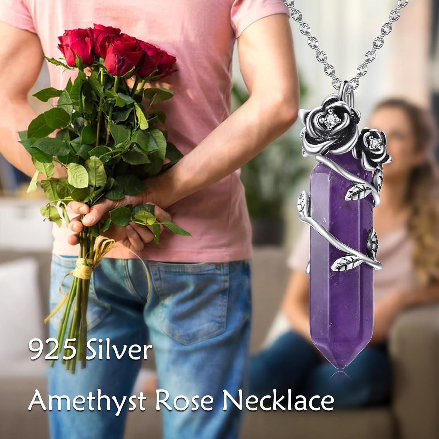 Sterling Silver Amethyst Crystal Necklace Rose Pendant Jewelry Gift-0-5
