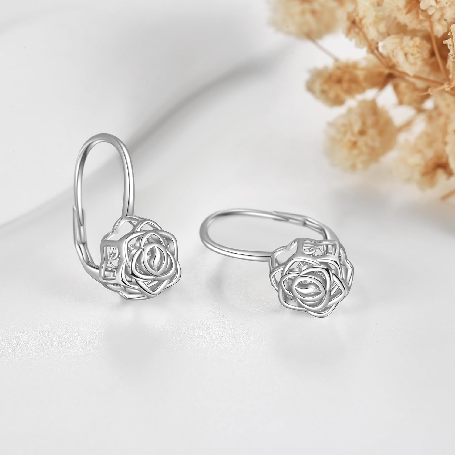 wholesale 925 Sterling Silver Rose Flower Leverback Drop Dangle Hook Studs Earring Gift Set for Women Girls Friendship Birthday Anniversary Christmas Present Ideas 3 Pairs Pack-0-1
