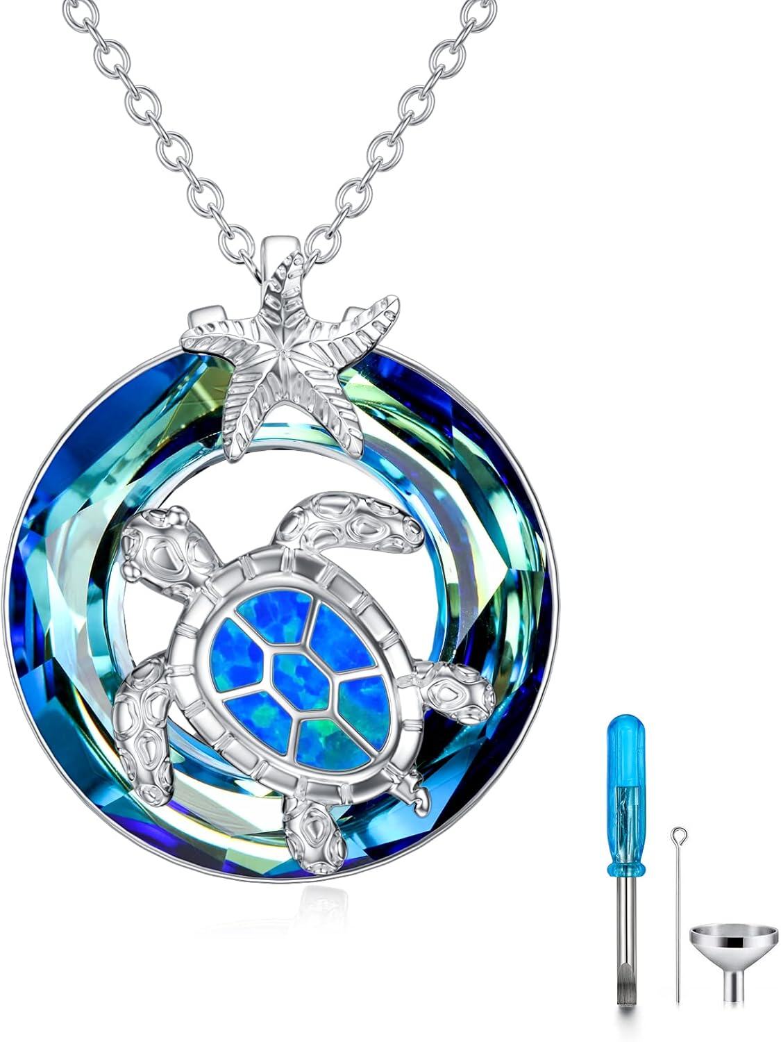 Sterling Silver Crystal Turtle Necklace for Women-Blue- Urn Necklace