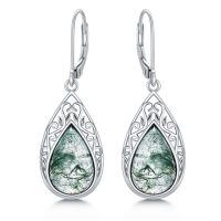 wholesale 925 Sterling Silver Teardrop Green Moss Agate Bohemian Filigree Dangle Earrings Gift for Her-style 9