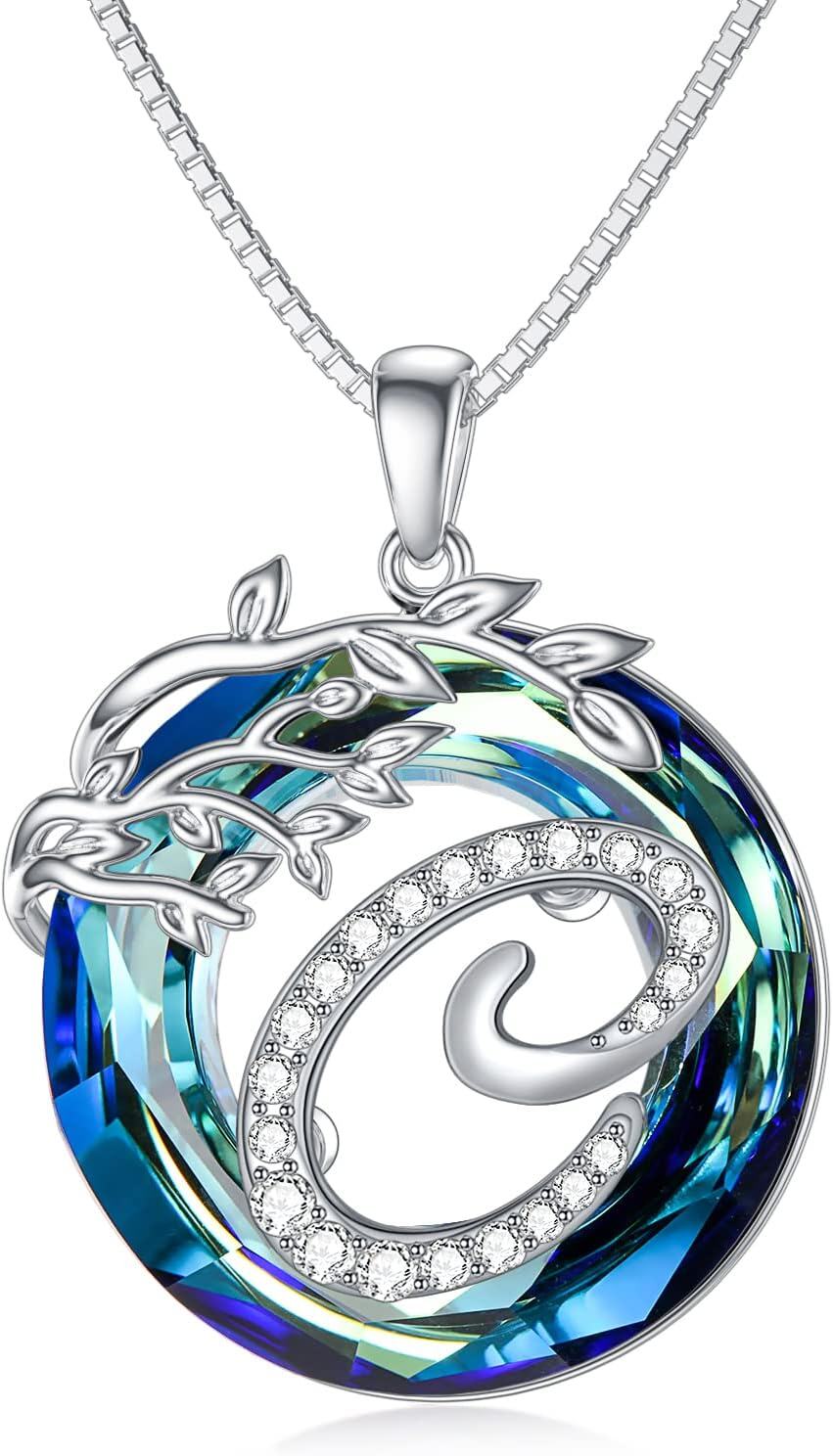 Sterling Silver Blue Crystal Tree of Life A Z Letter Pendant Necklace-0-0