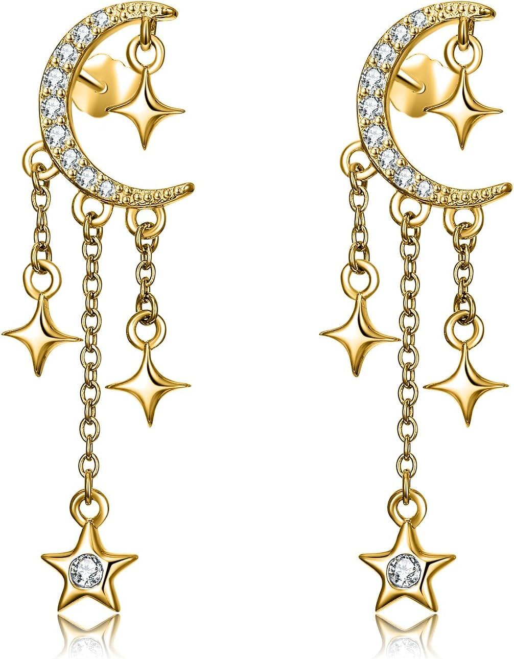 Sterling Silver CZ Sparkling Crescent Moon Star Stud Tassel Earrings-0-0