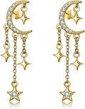 wholesale Gold 925 Sterling Silver CZ Sparkling Crescent Moon & Stars Dangle Drop Earrings with Chain 2 Long-0-0