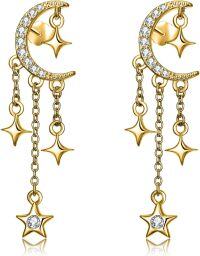wholesale Gold 925 Sterling Silver CZ Sparkling Crescent Moon & Stars Dangle Drop Earrings with Chain 2 Long-Gold