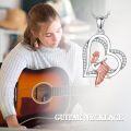 wholesale Sterling Silver & Cubic Zirconia Heart-Shaped Guitar Necklace with Platinum Rose Gold Plated Musician Pendant for Women 18 Adjustable Chain-0-2