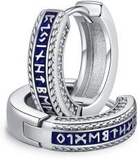 wholesale 925 Sterling Silver Viking Rune Blue Enamel Huggies for Men & Women - Hypoallergenic Punk -Silver-White Zirconia