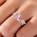 wholesale 925 Sterling Silver Pink Crystal Zircon Heart Bow Ring Adjustable Size 7-9-0-4