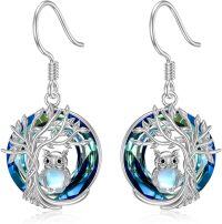 wholesale Sterling Silver Blue Crystal Tree of Life Animal Earrings (Cardinal Owl Fox Snake Sloth Giraffe) Dangle Jewelry Gift for Women-Owl