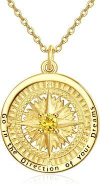 wholesale 925 Sterling Silver Gold Compass Birthstone Necklace - 24mm Pendant, 18-20 Chain, Gift for Women-K02-November