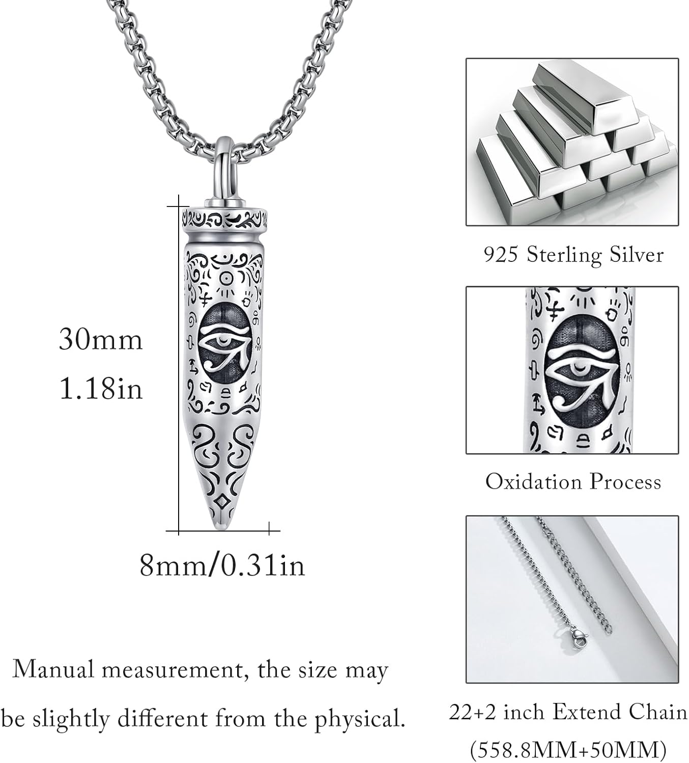 925 Sterling Silver Egyptian Eye of Horus Cylinder Urn Necklace with Funnel and Chain-0-5