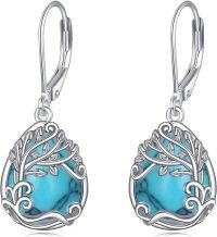 wholesale Sterling Silver Moonstone Leverback Teardrop Dangle Earrings for Women-EE-Tree of Life Turquoise