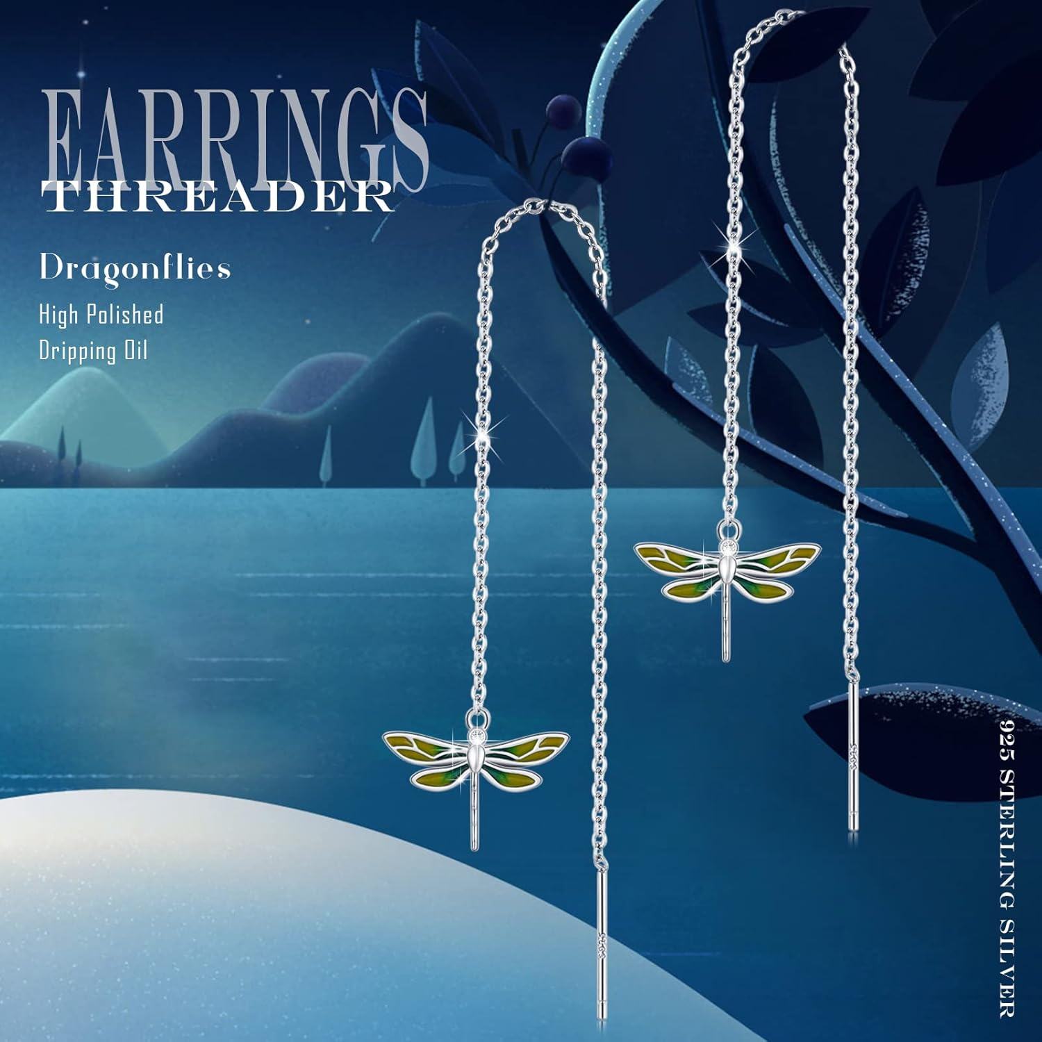 925 Sterling Silver Dragonfly Long Chain Drop Earrings with Green Enamel Wings-0-5
