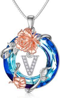 wholesale TOUPOP Sterling Silver Rose V Initial Letter Pendant Necklace With Blue Circle Crystal For Women -undefined