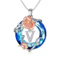 TOUPOP Sterling Silver Blue Crystal V Initial Rose Pendant Necklace For Women-0-0