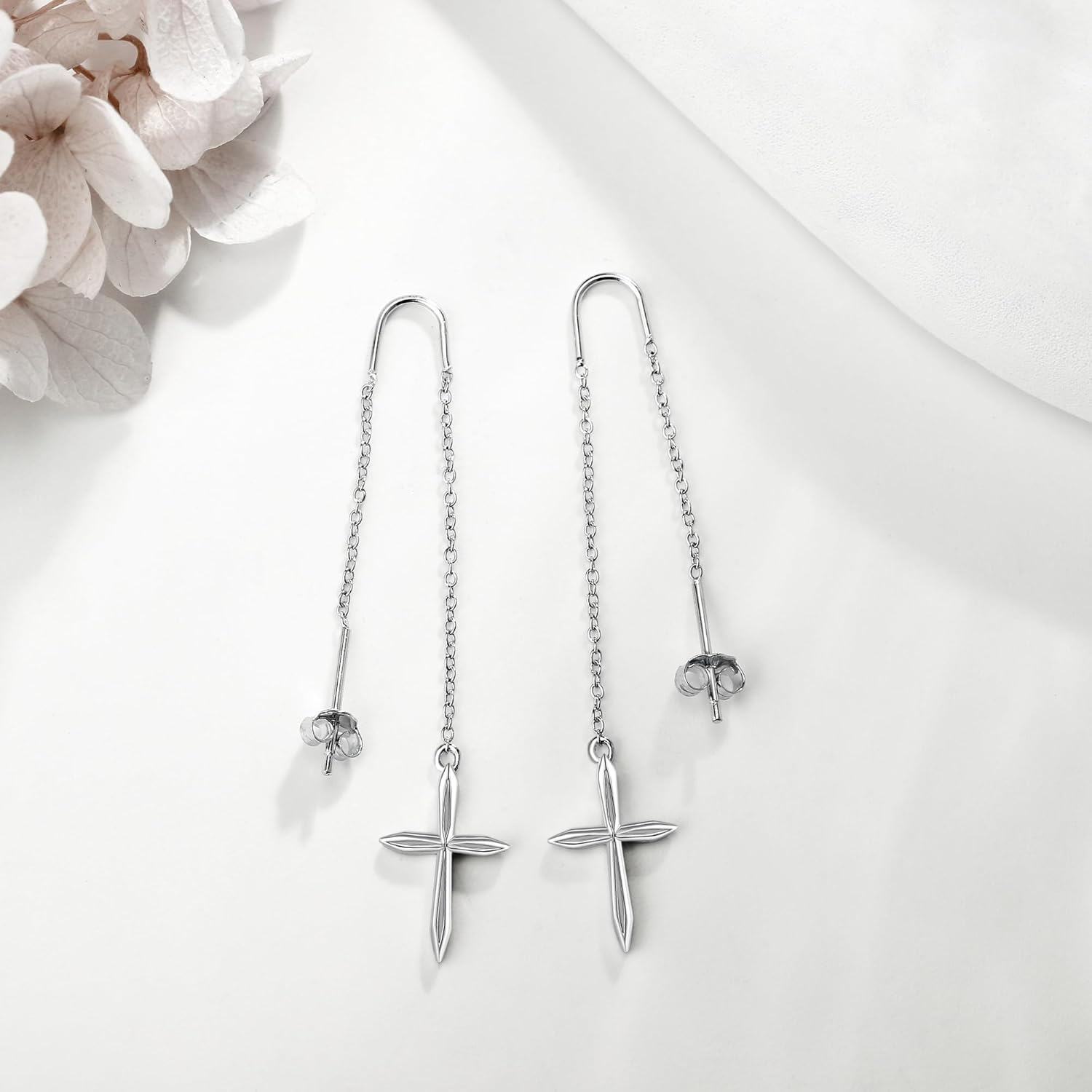 925 Sterling Silver Cross Heart Threader Chain Drop Earrings for Women-0-3